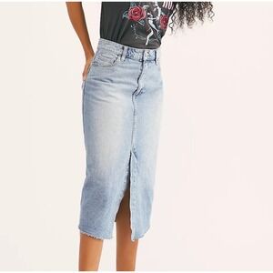 We The Free Womens Wilshire‎ Denim Midi Skirt Size 27 Blue Raw Hem Blue Boho